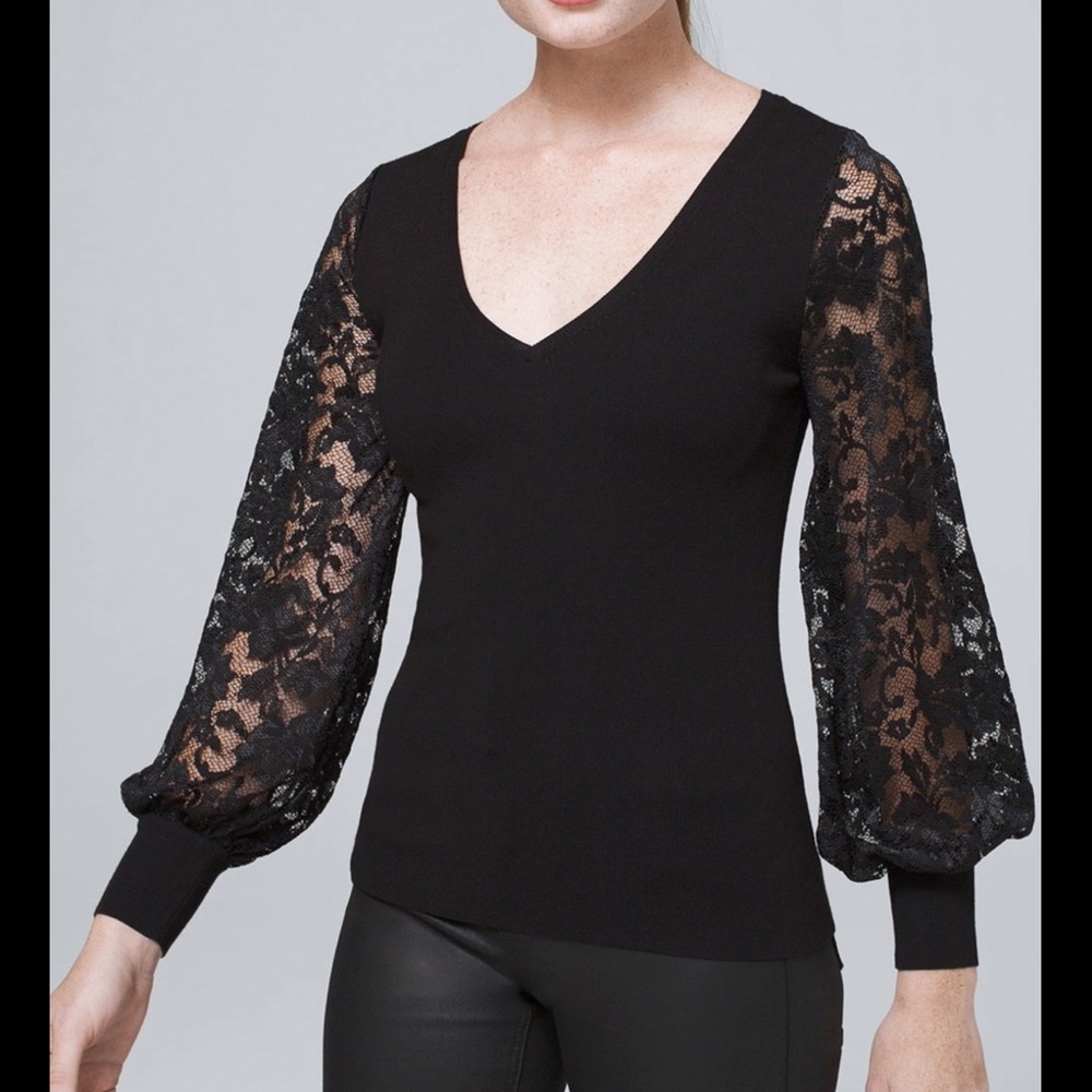 NWT Elegant White House Black Market Lace-Sleeve Sweater